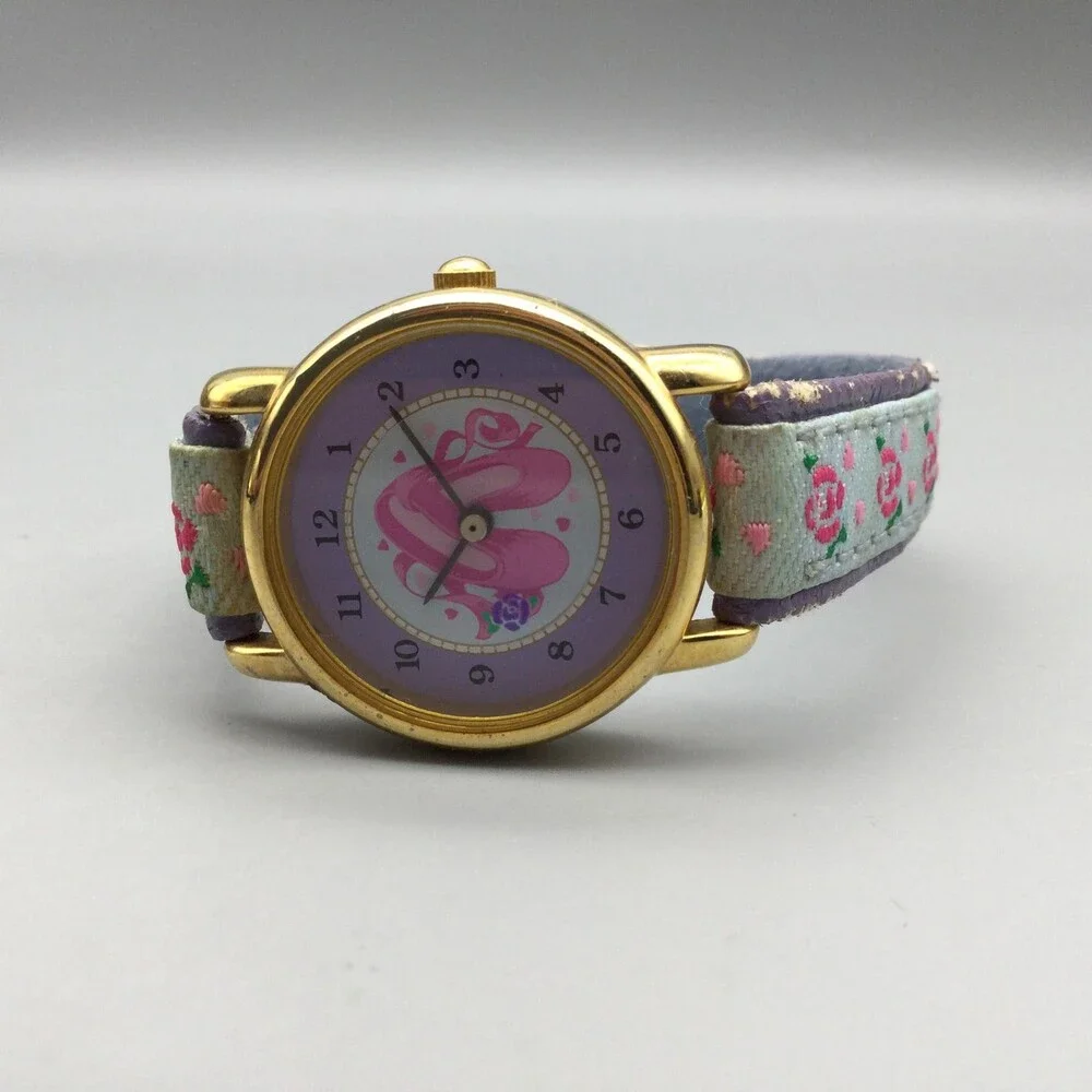 Accutime Girls Watch 26mm Ballet Slippers Gold Tone Floral Leather New Battery
